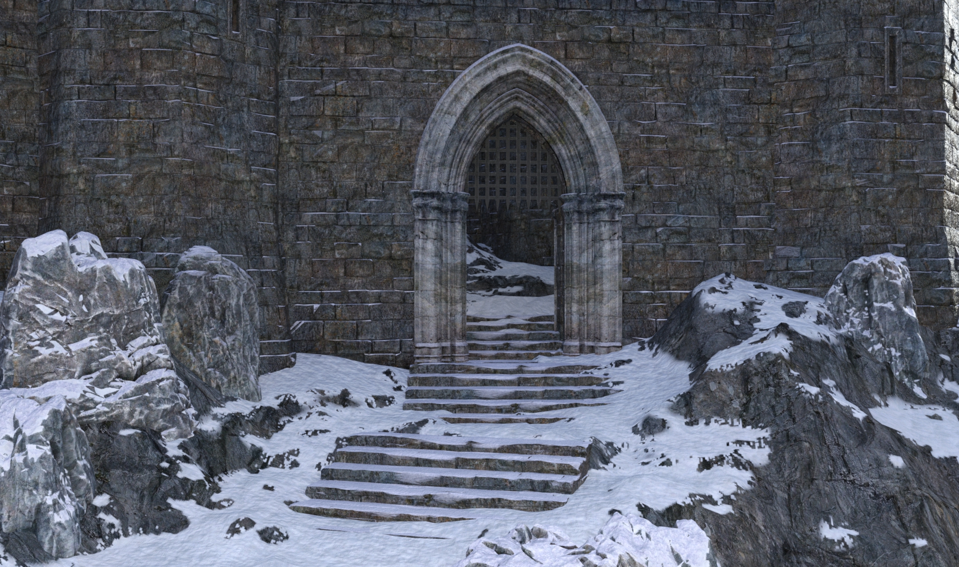 EXT. CASTLE SNOWY ENTRANCE – DAY