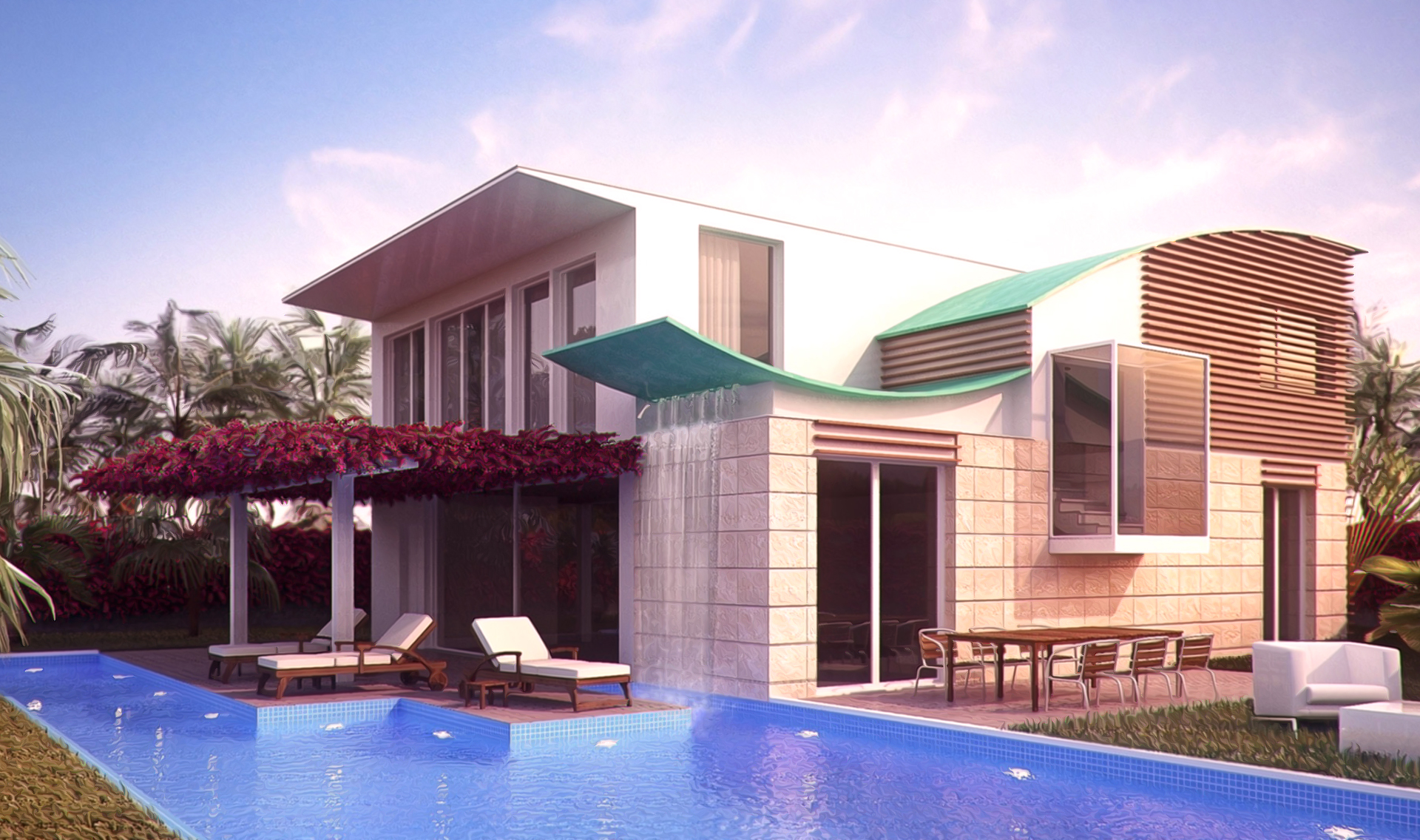 EXT. MODERN HOUSE WITH POOL – DAY