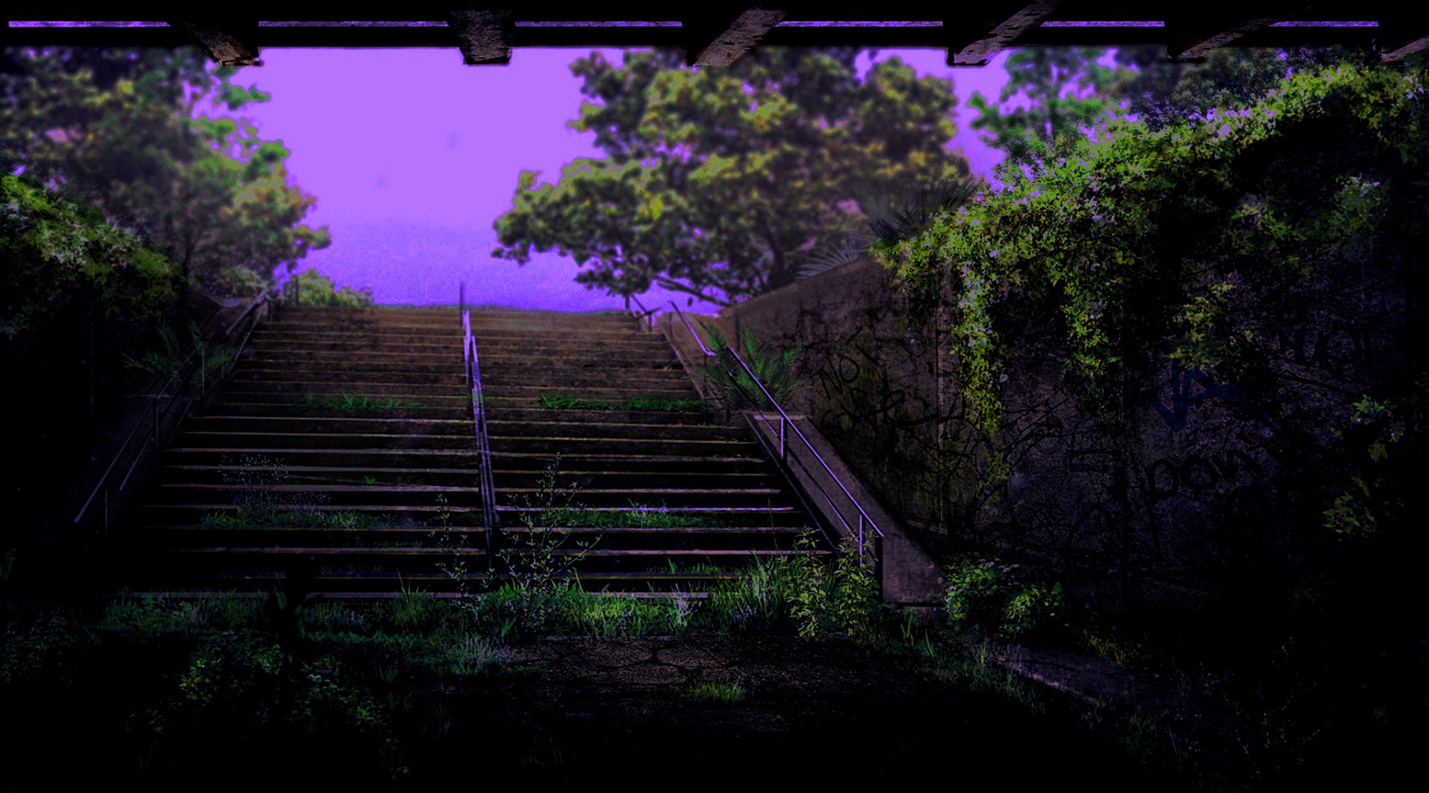 EXT. OVERGROWN STAIRCASE – NIGHT