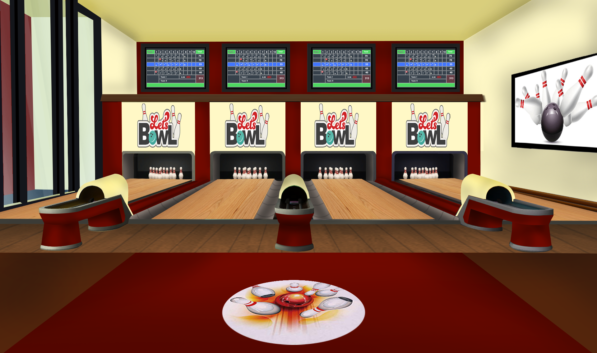 INT. BOWLING ALLEY RED – DAY
