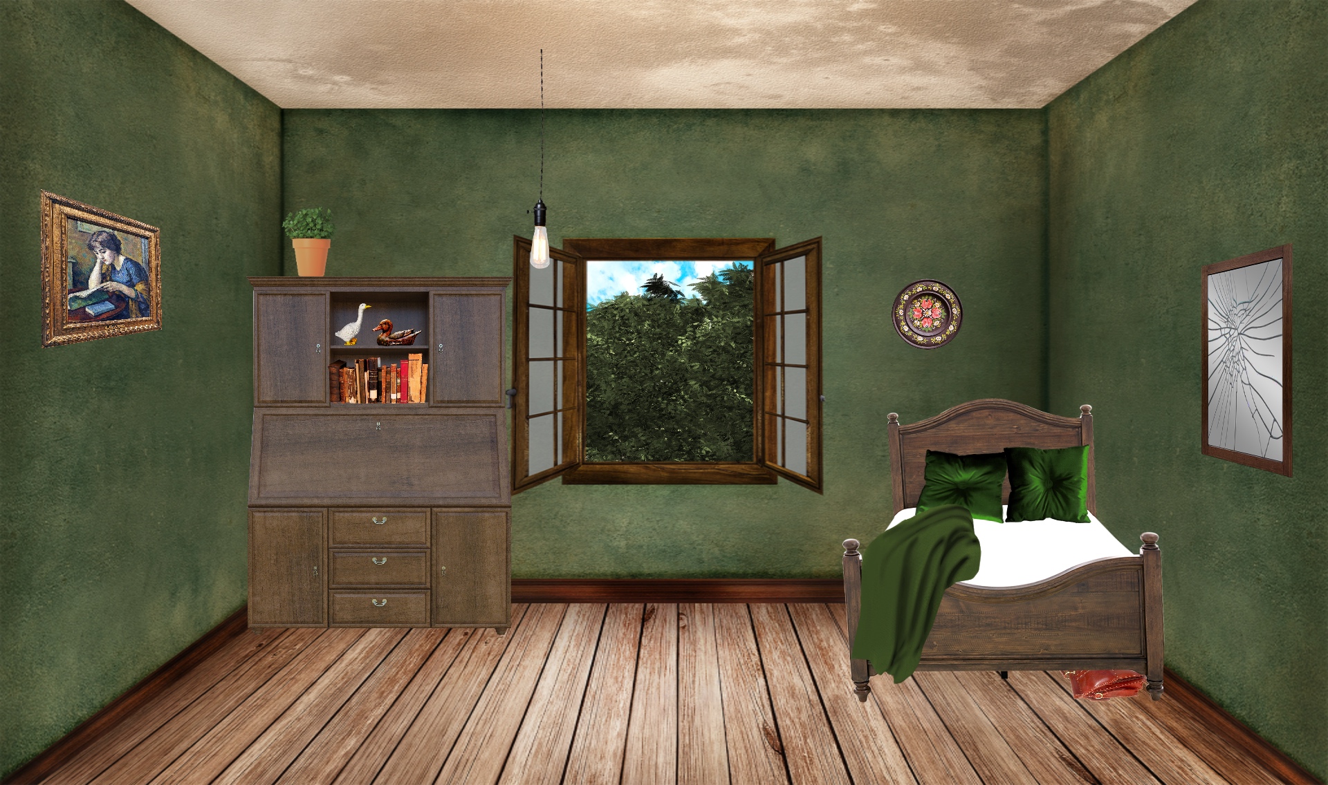 INT. HOME ALONE BEDROOM GREEN – DAY