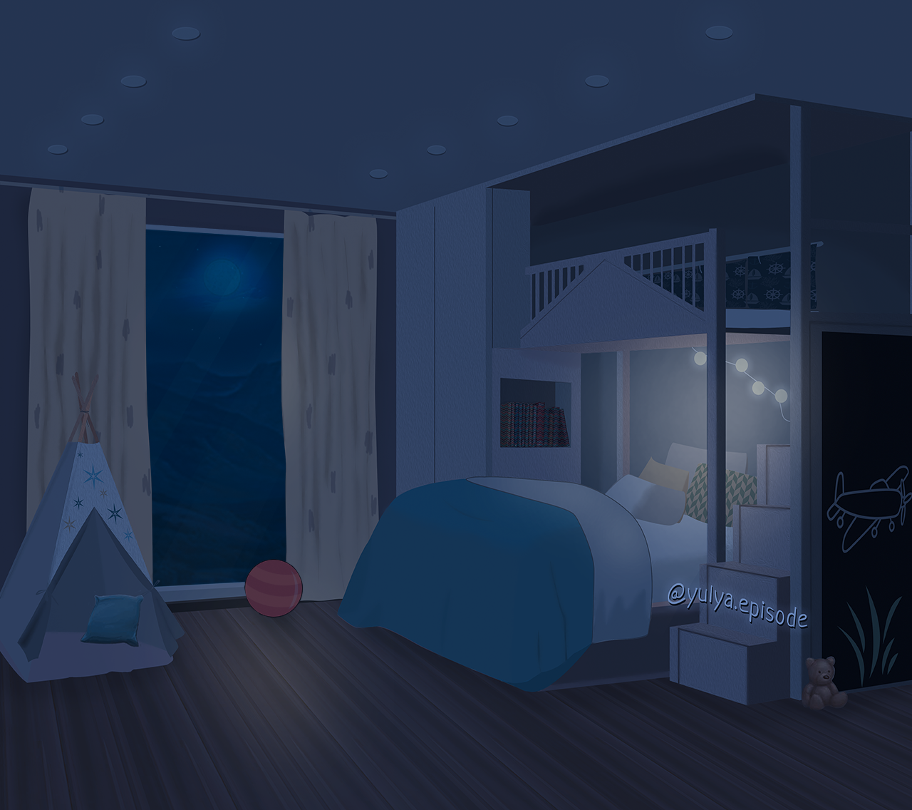 INT. KIDS ROOM W/BUNK BED BLUE – NIGHT