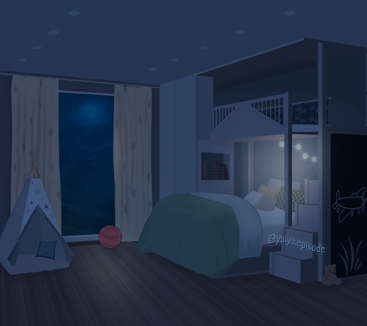 INT. KIDS ROOM W/BUNK BED GREEN – NIGHT