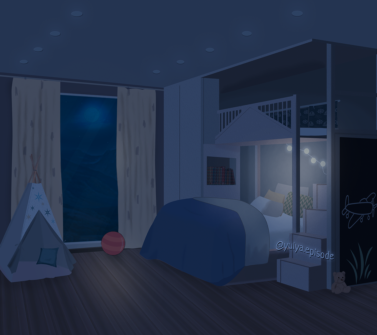 INT. KIDS ROOM W/BUNK BED PURPLE – NIGHT