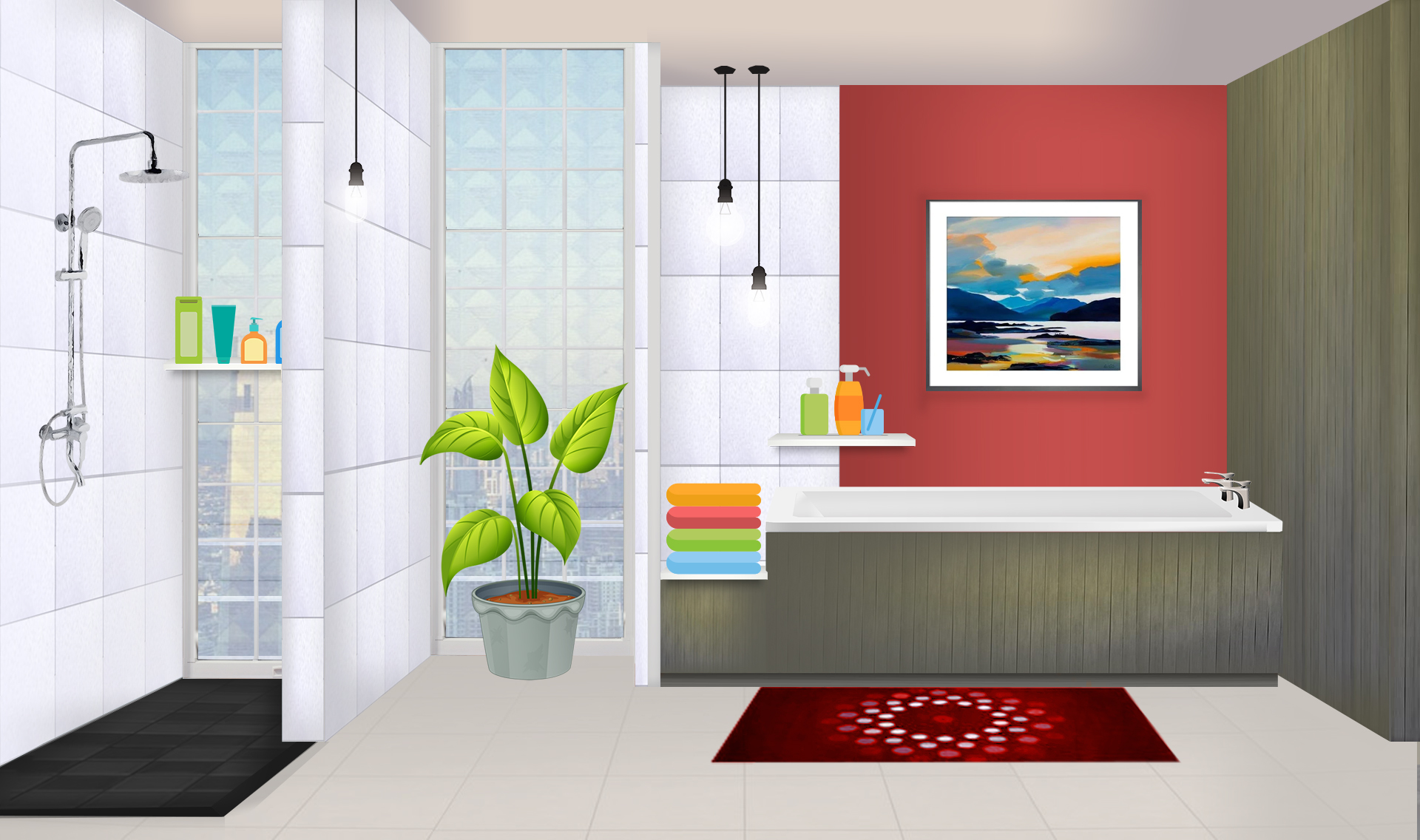 INT. RED BATHROOM DECORATED – DAY
