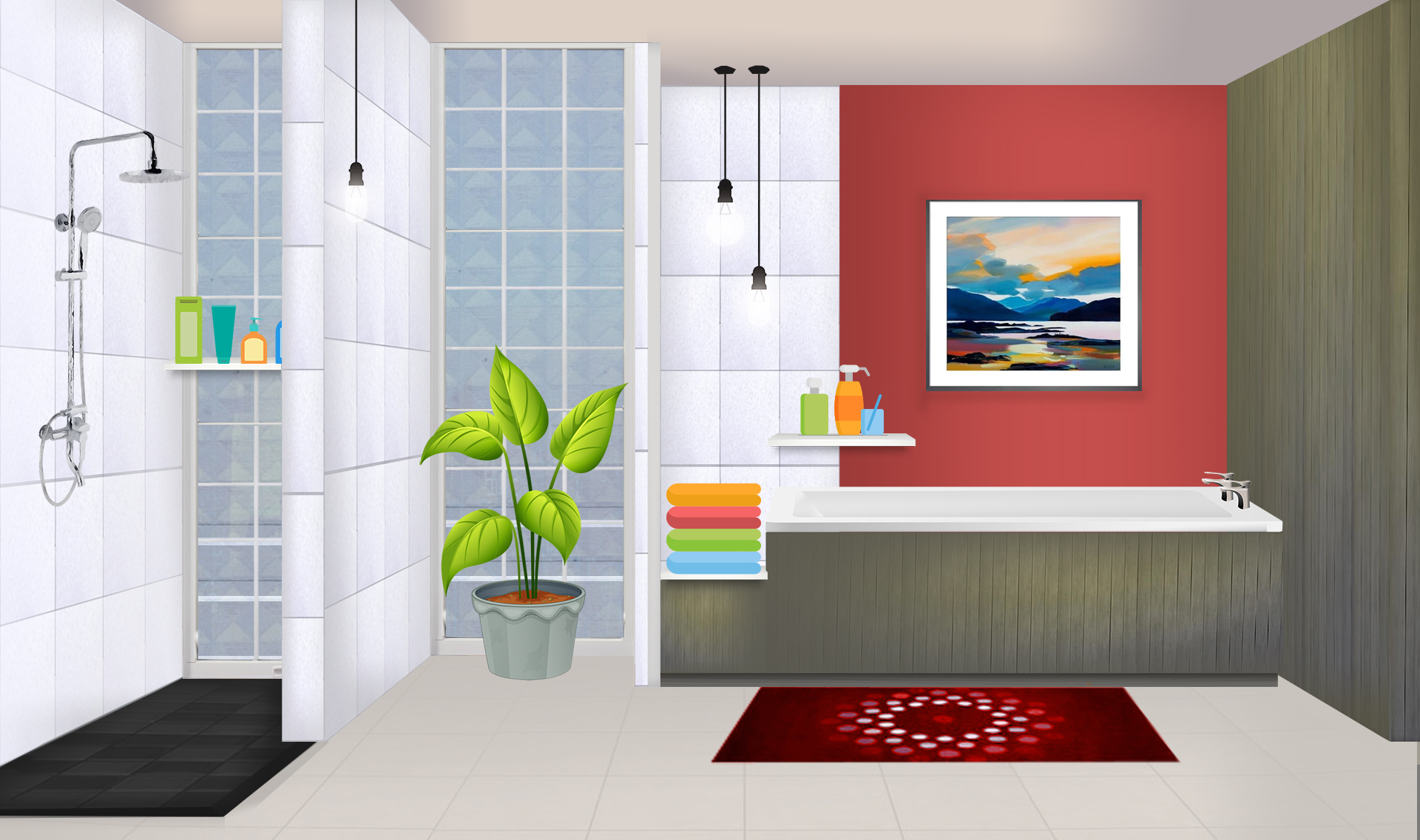 INT. RED BATHROOM DECORATED – NIGHT
