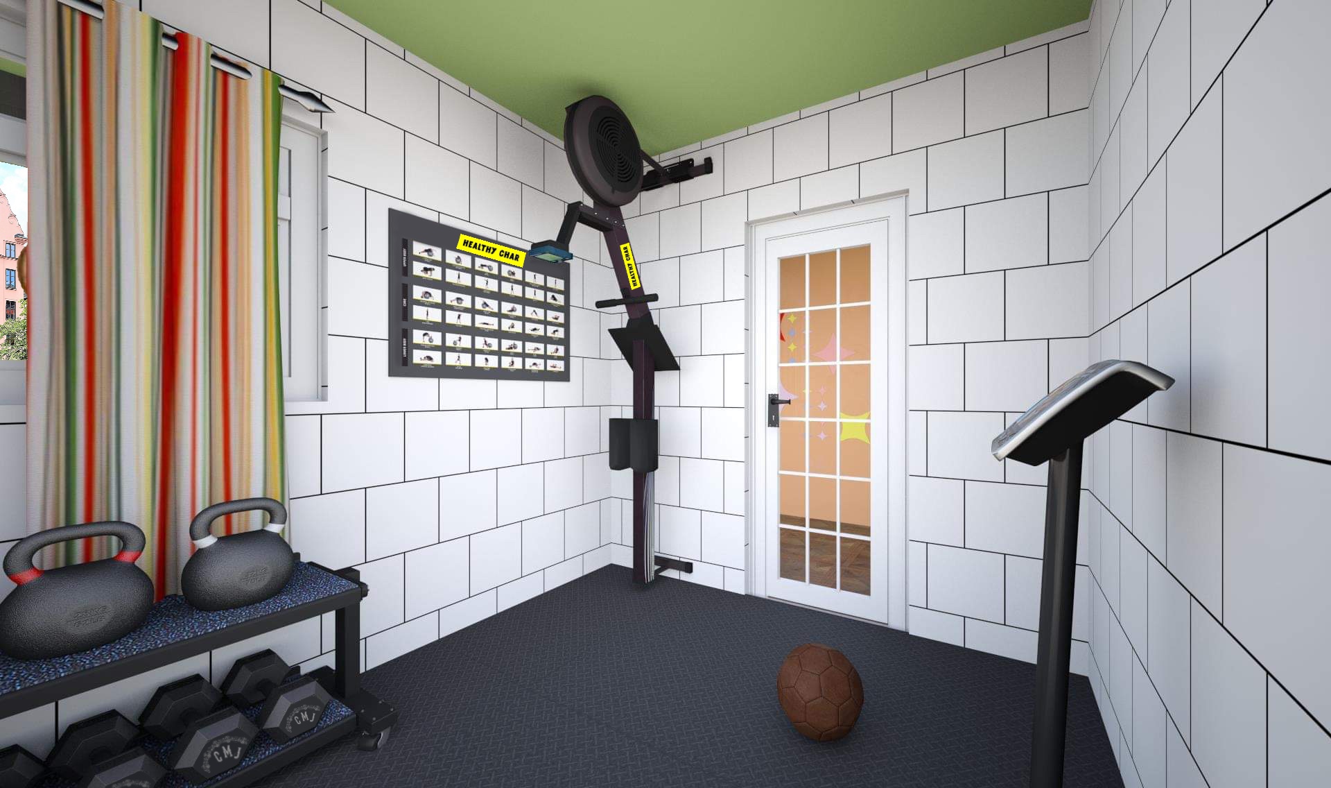 INT. SMALL HOME GYM 2 CLOSED DOOR – DAY