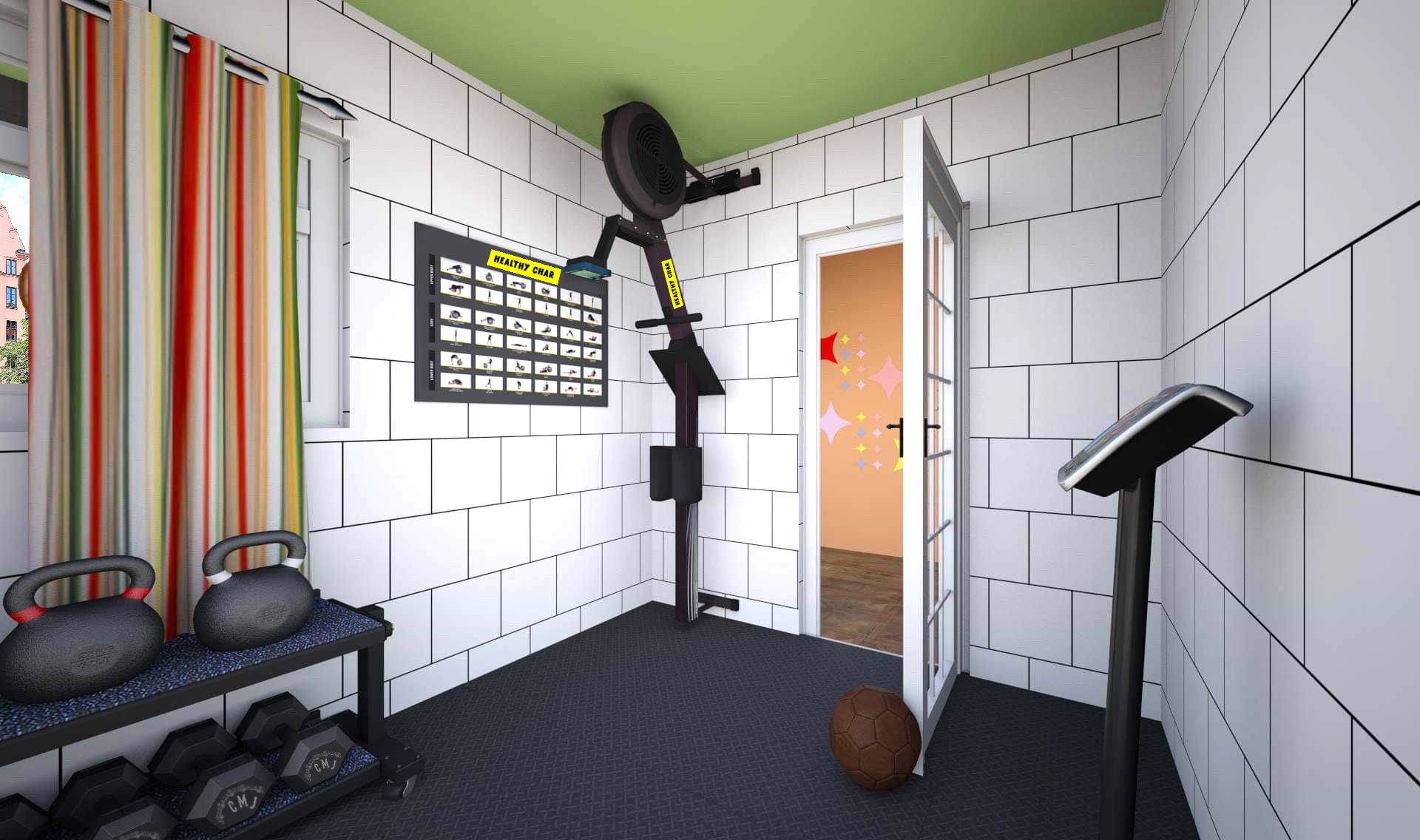 INT. SMALL HOME GYM 2 OPEN DOOR – DAY