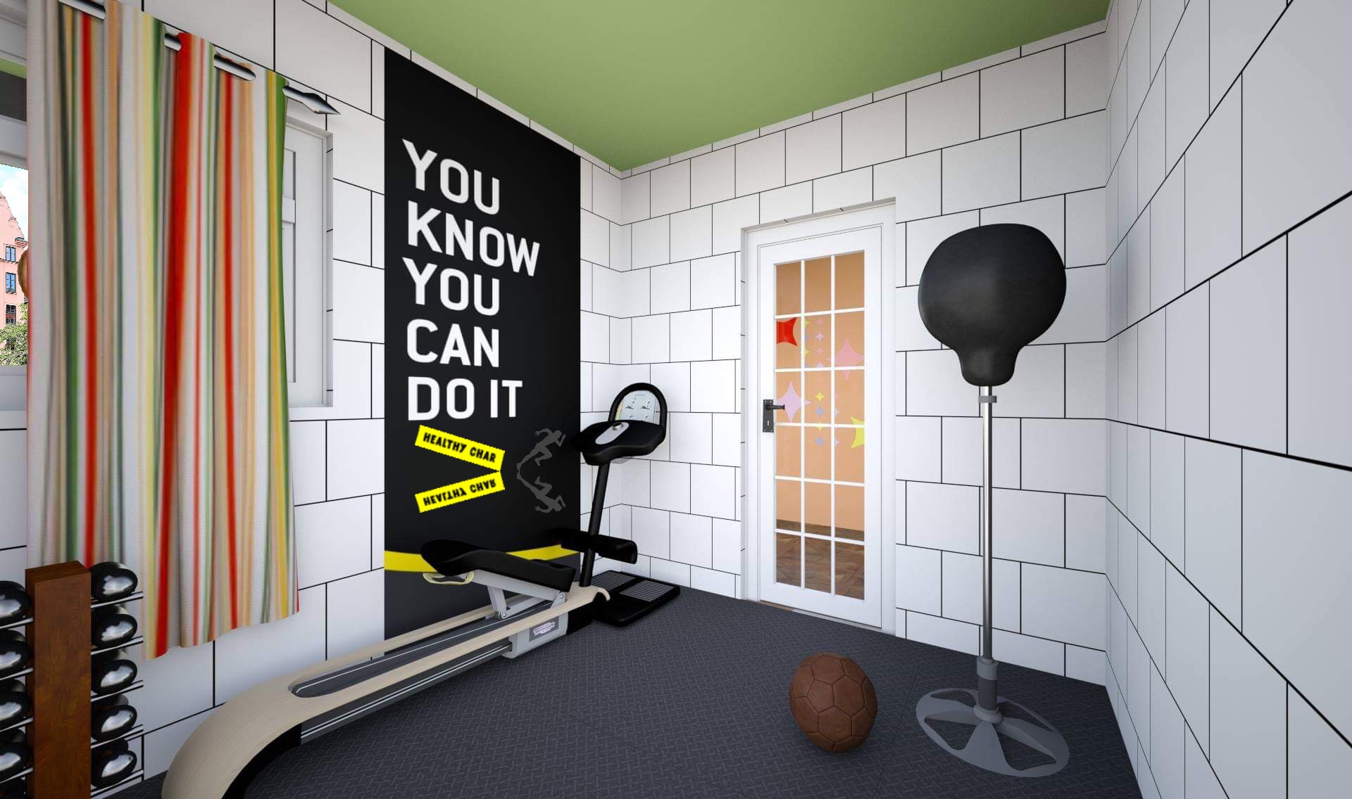 INT. SMALL HOME GYM CLOSED DOOR – DAY