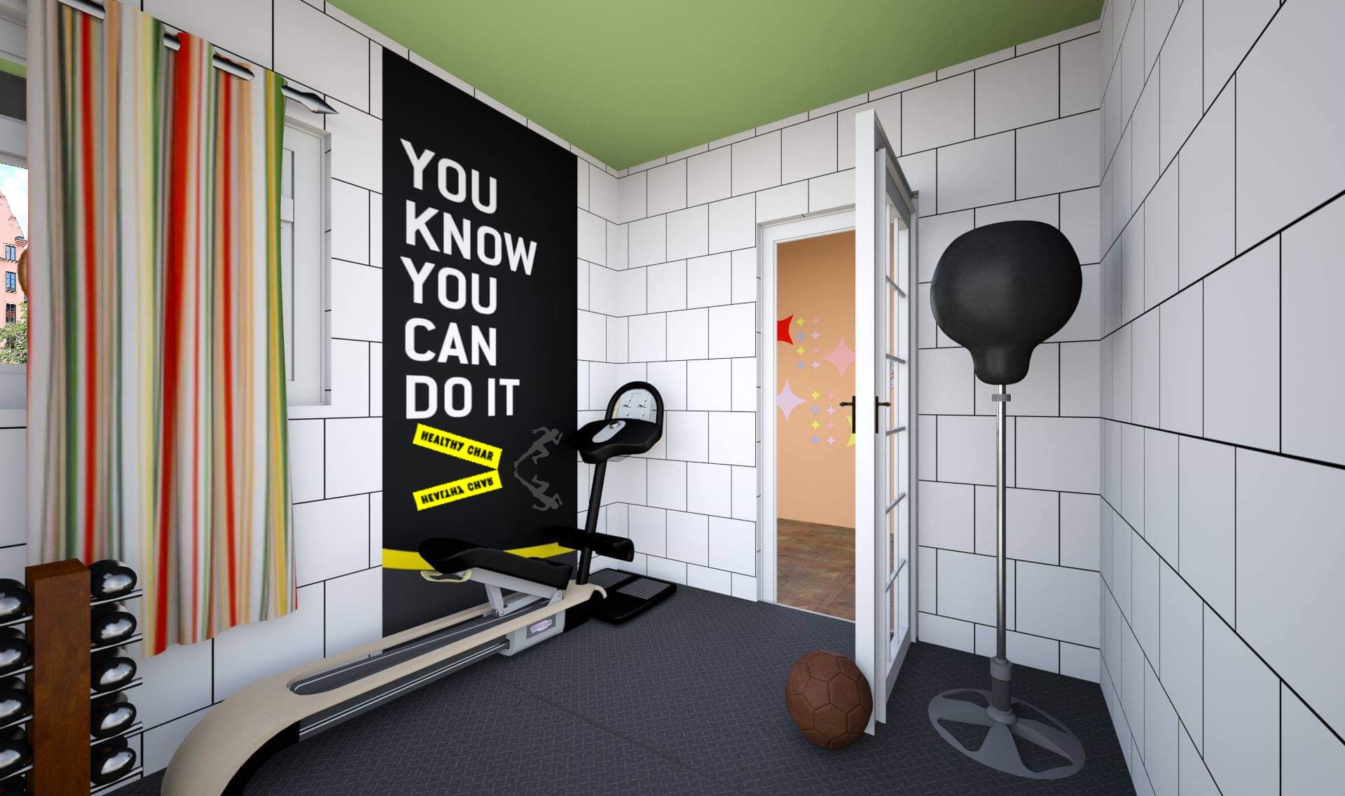 INT. SMALL HOME GYM OPEN DOOR – DAY