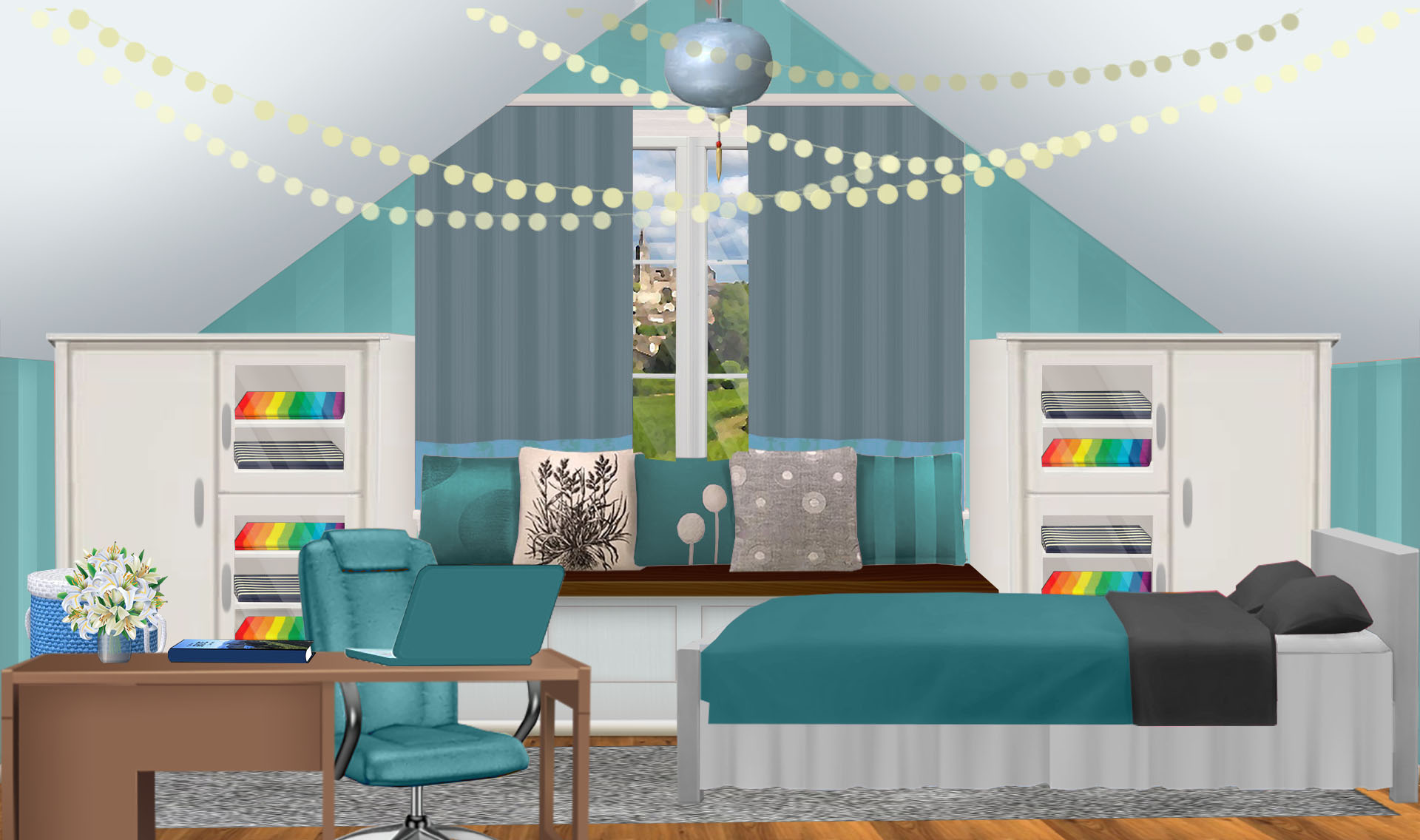 INT. TURQUOISE ATTIC BEDROOM FULL – DAY
