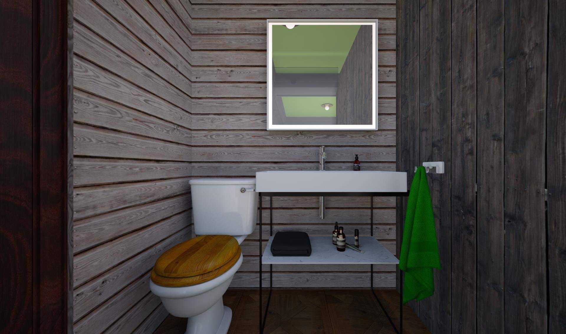 INT. WOODEN HOME BATHROOM – DAY